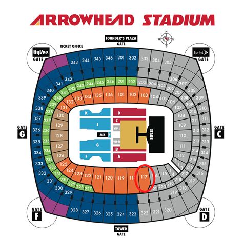  The 100-Level at Arrowhead Stadium has 36 sections labeled 101-136. Each section has 38 rows of standard stadium seating. At each seat is a cupholder and average leg room. Suggested 100-Level Tickets To get the most out of sitting on the lower level, we suggest sitting near midfield in rows 12-25. 